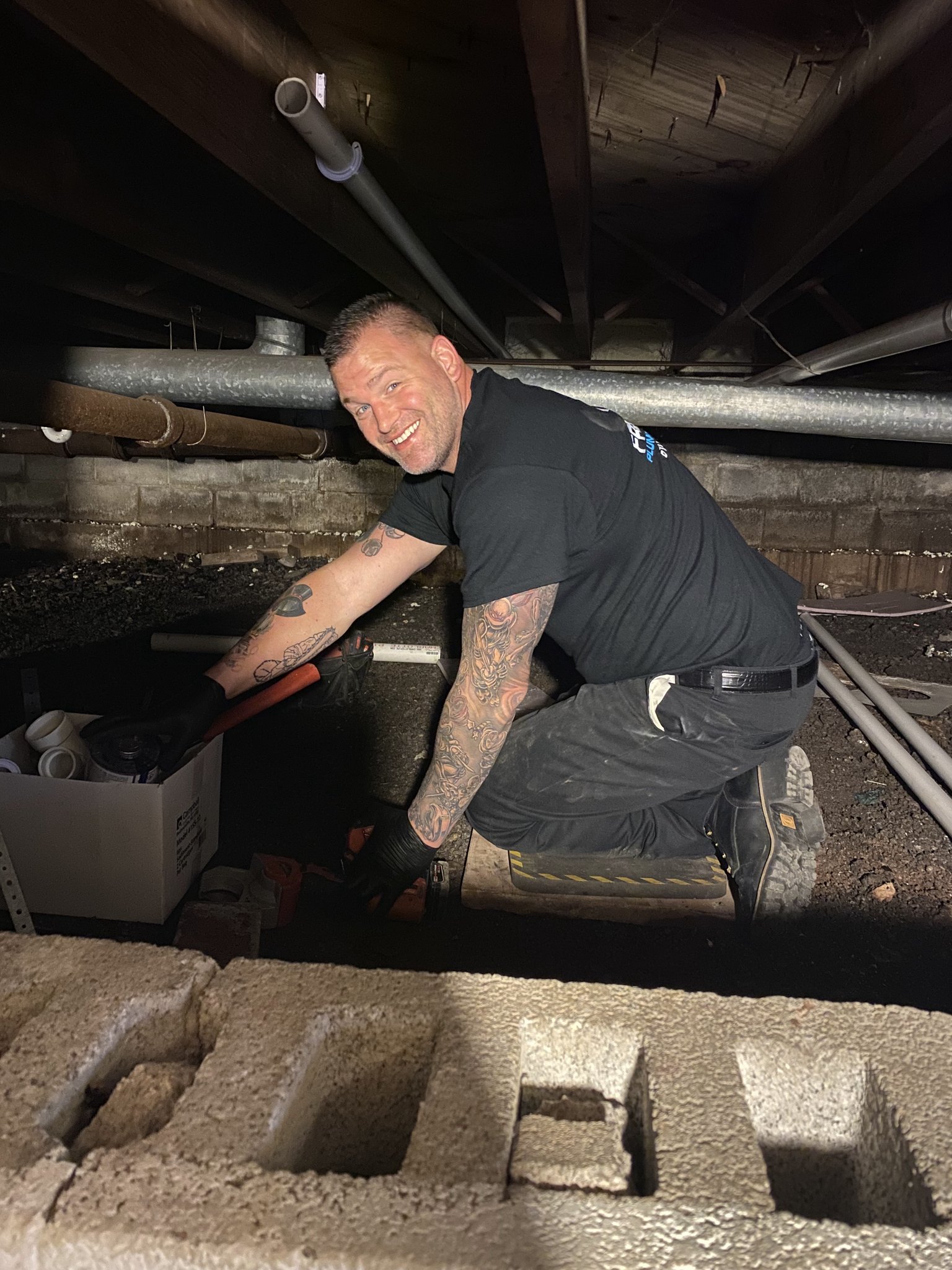 Sean in crawl space Plumber in Reading PA