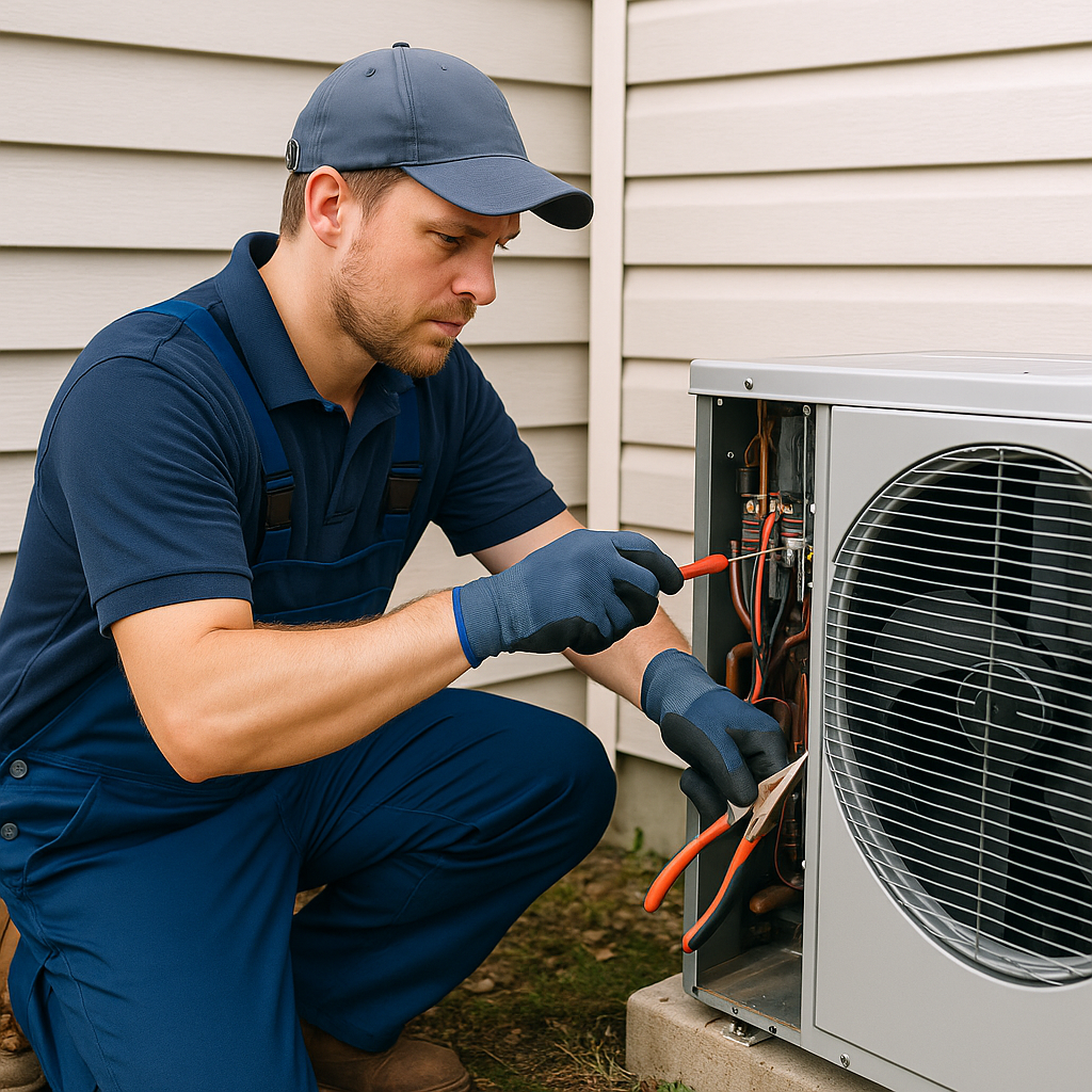 HVAC Company HVAC technician with toolbox beside outdoor AC unit.